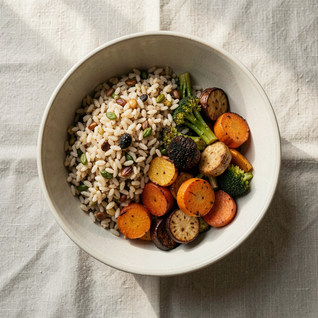 A ceramic bowl with a measured, carefully portioned meal of grains and roasted vegetables photographed from above on a linen tablecloth in soft window light