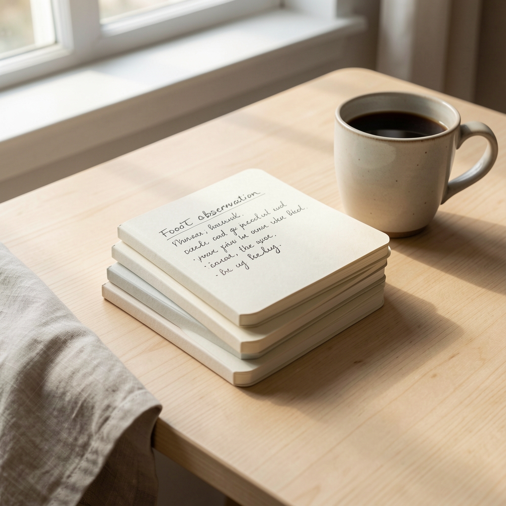 Four small handwritten food observation notebooks stacked on a pale wooden desk beside a ceramic coffee cup and a folded linen cloth in morning window light