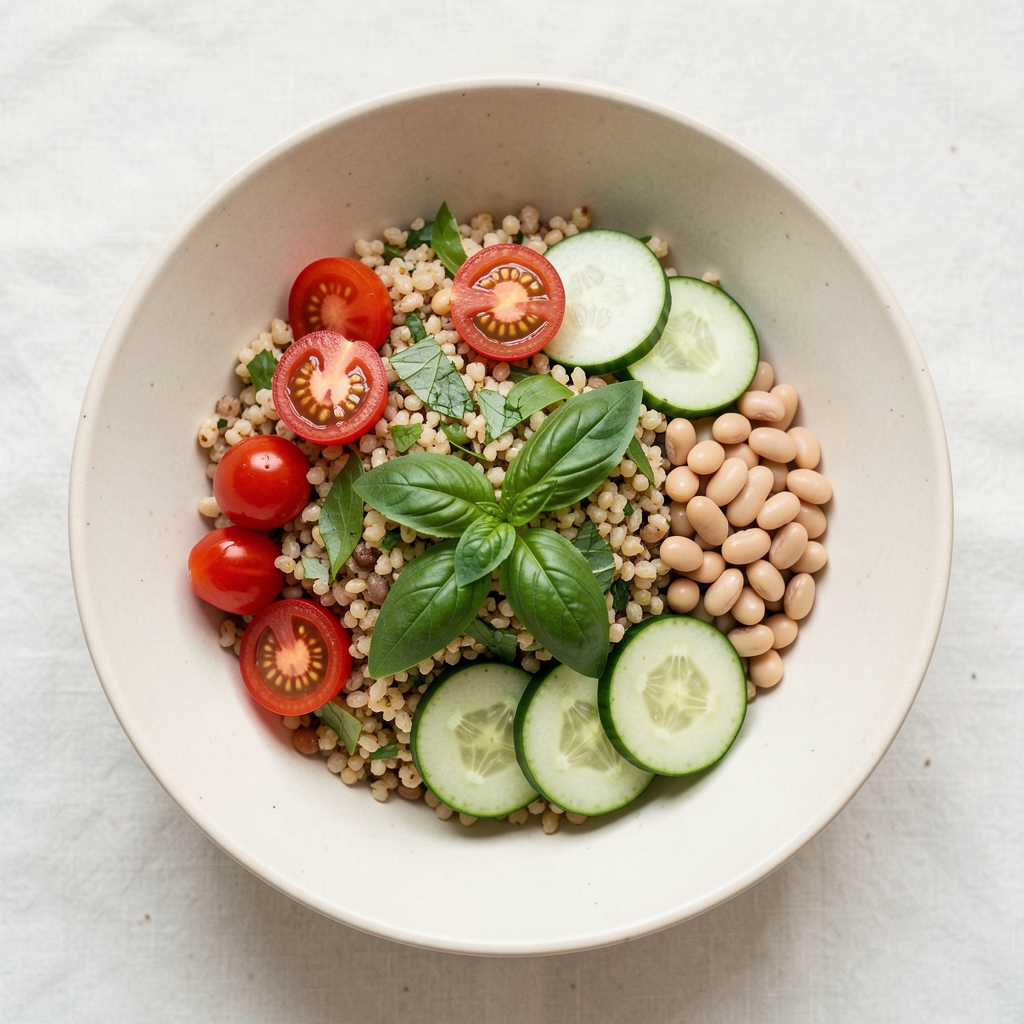 Overhead shot of a summer grain bowl with halved cherry tomatoes, sliced cucumber, torn basil leaves, and a small portion of white beans on a cream ceramic plate in bright natural light