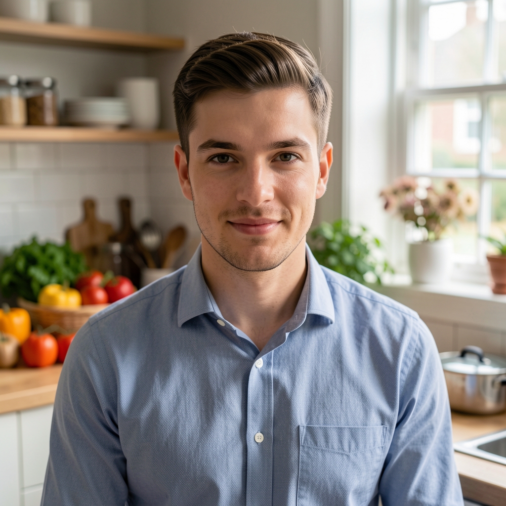 Editorial portrait of Tobias Ashcroft, food writer and editor, photographed standing beside a large wooden kitchen table with seasonal produce in a well-lit open kitchen