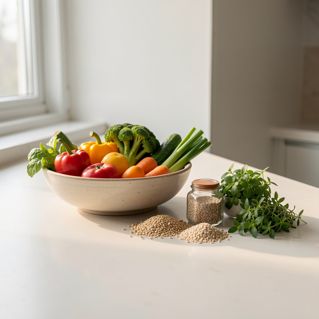 Minimalist kitchen counter with a bowl of seasonal vegetables, whole grains, and fresh herbs arranged in morning light